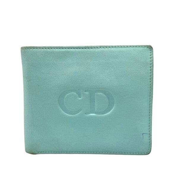 Auth DIOR/ChristianDior Turquoise blue Leather Bifold Wallet - Picture 1 of 11